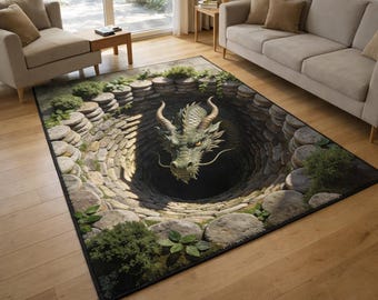 3D Dragon Pit Rectangle Rug, Illusion Hole Carpet, Fantasy Dragon Floor Mat, Unique Living Room Decor