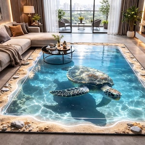 May include: A rectangular area rug featuring a photorealistic design of a sea turtle swimming in clear blue water. The rug's border depicts a sandy beach with rocks, creating a 3D effect. The rug is placed in a modern living room setting.
