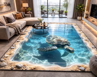 Sea Turtle Ocean Rug, Coastal Beach Carpet, Underwater Floor Mat, Tropical Living Room Decor