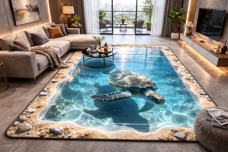 May include: A rectangular area rug featuring a photorealistic design of a sea turtle swimming in clear blue water. The rug's border depicts a sandy beach with rocks, creating a 3D effect. The rug is placed in a modern living room setting.