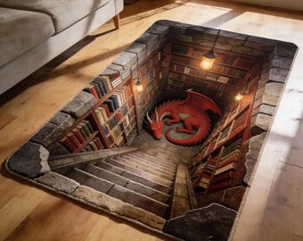 Dragon Library Rectangle Rug, Stair Illusion Carpet, Fantasy Book Lover Floor Mat, Unique Living Room Decor