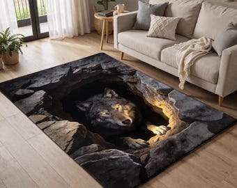 Wolf Cave Rug, Dark Illusion Carpet, Wildlife Floor Mat, Rustic Cabin Living Room Decor