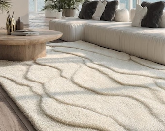 Hand Tufted Wool Abstract Rug, Beige Wavy Pattern Carpet, Minimalist Living Room Area Rug