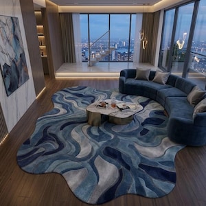 Hand Tufted Blue Abstract Wool Rug, Organic Shape Modern Area Carpet, 8x10