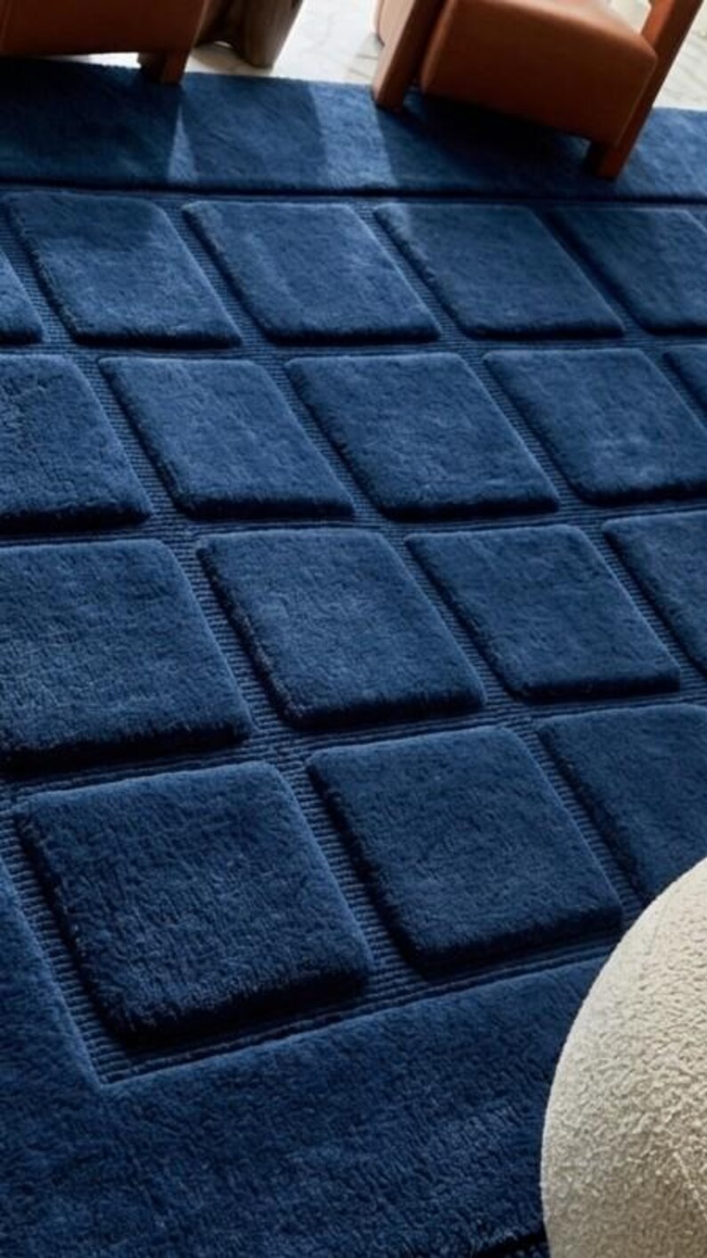 Luxury Navy Blue Hand Tufted Rug 8x10, Modern Geometric Wool Area Rug ...