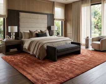 Handmade Rust Orange Wool Area Rug, Terracotta Brown Solid Rug, Hand Tufted Modern Bedroom Carpet, Minimalist Earth Tone Living Room Rug