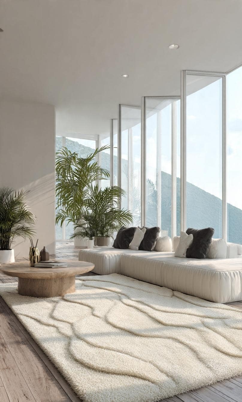 Minimalist Rug Pattern Modern Neutral Abstract Rug, Hand Tufted Wool Rug, Beige White Wavy ...