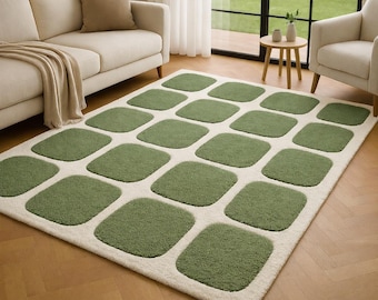 Hand Tufted Wool Area Rug, Modern Olive Green Checkered Carpet, Scandinavian Living Room Style