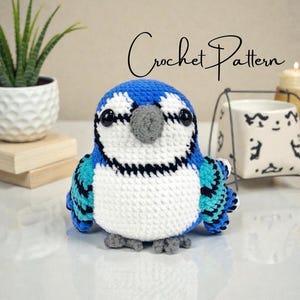 以下が含まれることがあります： 白と黒のアクセントが付いた、かぎ針編みの青い鳥。鳥は灰色のくちばしと足を持っています。「Crochet Pattern」というテキストが鳥の上にイタリック体で書かれています。