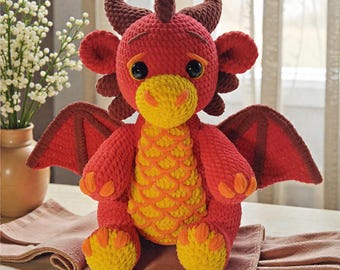 Schema all'uncinetto per amigurumi del drago rosso, tutorial per peluche (download PDF)