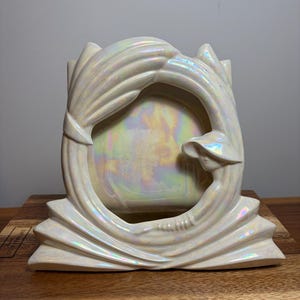 Vintage Iridescent Art Deco Lustreware Ceramic Photo Frame | Hollywood Regency Decor | Sculptural Pearlescent Frame