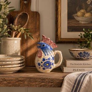 Puede incluir: Una jarra de cerámica con forma de gallo con cabeza azul, cresta roja y cuerpo color crema decorado con motivos florales azules. La jarra cuenta con un asa en el lado derecho y está colocada sobre una superficie de madera junto a platos apilados.