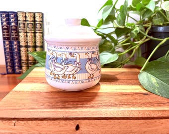 Azucarero vintage con tapa y estampado de gansos – Decoración de cocina rústica de los años 80, tarro de cerámica con estampado de gansos