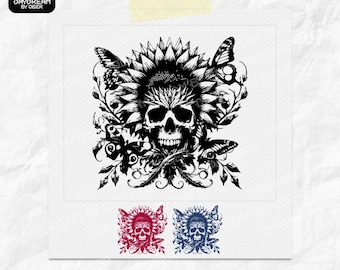 May include: Black and white digital art print featuring a skull with a sunflower crown and butterflies. The image includes the text "DIGITAL DOWNLOAD PNG SVG" and the logo "DAYDREAM BY OBER".