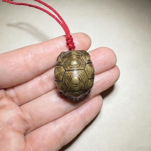 Può includere: Un ciondolo a forma di tartaruga color oliva con un design dettagliato a forma di guscio esagonale. Il ciondolo è sospeso a un cordino rosso, annodato in cima. Il ciondolo a forma di tartaruga è un gioiello unico.