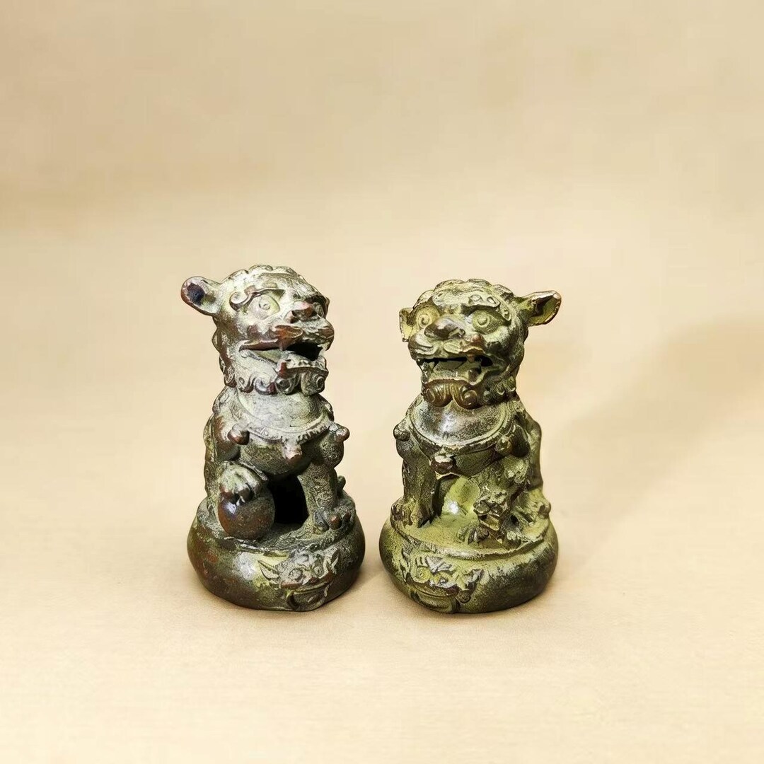 A Pair of Brass Lion Statues - Handcrafted Guardian Lions, Traditional ...