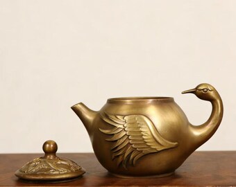 Vintage Brass Crane Teapot | Hand-Carved Chinese Immortality Bird Tea Kettle