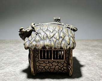 Antique Brass Treehouse Incense Burner – Hand-Carved Cottage Censer Thatched Roof Stone Wall