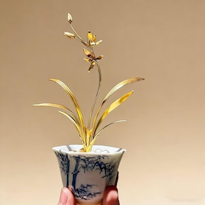 Handmade Brass Gold Plated Orchid Sculpture – 6cm Miniature Chinese Style Metal Flower Art, No Base image 1