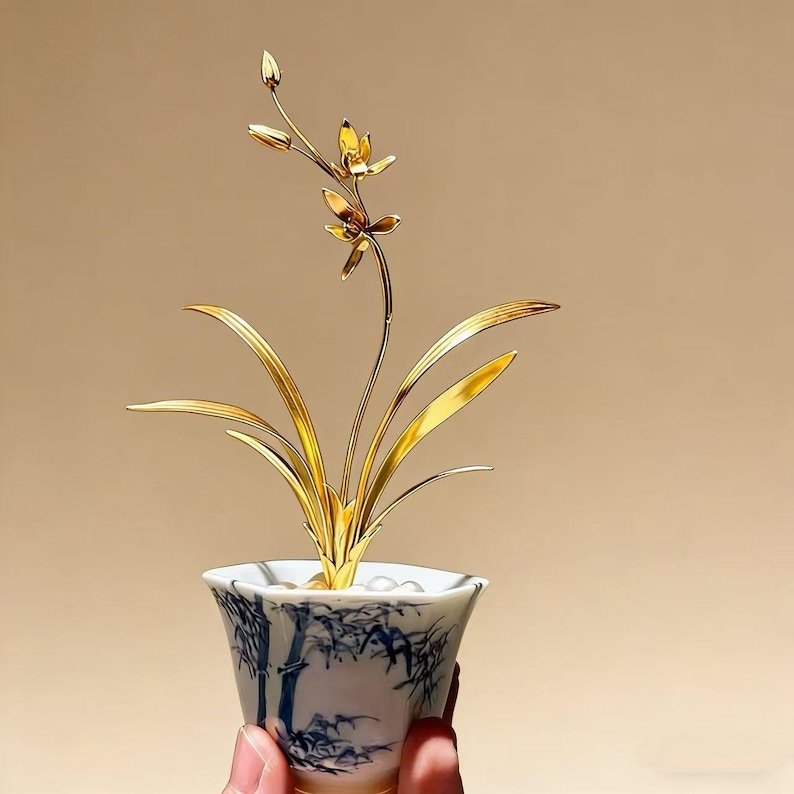 Handmade Brass Gold Plated Orchid Sculpture – 6cm Miniature Chinese Style Metal Flower Art, No Base image 1