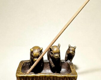 Porte-encens Trois cochons en laiton | animal de compagnie en métal vintage Piggy Tea | Décoration du zodiaque chinois