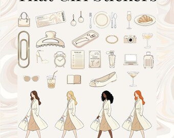 May include: Digital sticker sheet featuring hand-drawn illustrations of fashion and lifestyle items, including a purse, camera, and women in coats. The text reads "That Girl Stickers" and "Instant Download - PNG Files - High Quality."