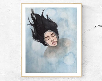 Girl in Ocean Art Print, Blue Watercolor Painting, Floating, Swimming Woman Art