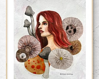 Mushroom Girl Art Print, Nature and plants, Fungus Watercolor Painting, Spore Illustration