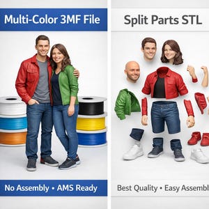 Op de afbeelding: Afbeelding met 3D-printopties. Het eerste paneel toont een grijswaarden paar met de tekst "Single Color STL" en "Simple &bull; Easy to Print". Het tweede paneel toont een paar in kleur, met de tekst "Multi-Color 3MF File" en "No Assembly &bull; AMS Ready". Het derde paneel toont een gedemonteerd model met de tekst "Split Parts STL" en "Best Quality &bull; Easy Assembly".