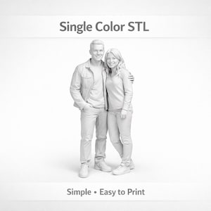 May include: A grayscale 3D printed model of a couple standing together, embracing. The man wears a jacket, t-shirt, jeans, and sneakers. The woman wears a long-sleeve shirt, jeans, and sneakers. Text reads "Single Color STL" and "Simple • Easy to Print."