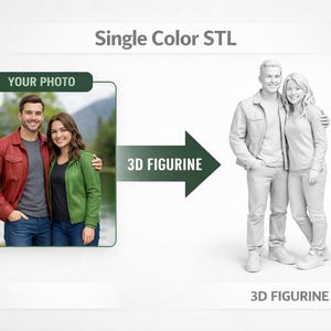 Op de afbeelding: Afbeelding met een stel op een foto en een 3D-beeldje van hetzelfde stel. De foto toont een man in een rode jas en een vrouw in een groene jas. Het 3D-beeldje is in grijstinten. Tekst luidt "Single Color STL" en "3D Figurine".