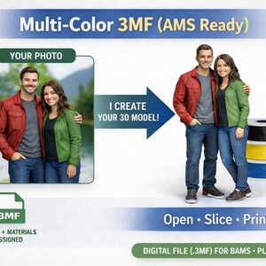 Op de afbeelding: Een advertentie voor 3D-modelleerdiensten. Het toont een stel in rode en groene jassen en jeans, met filamentspoelen. Tekst bevat "Multi-Color 3MF (AMS Ready)" en "I create your 3D model!"