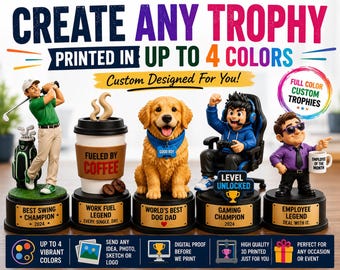 Op de afbeelding: Vijf op maat gemaakte 3D-geprinte trofeeën op zwarte ronde voetstukken met gouden plaatjes. De figuren omvatten een golfer, een koffiebeker, een golden retriever, een gamer in een stoel en een persoon met een mok. Tekst: "BEST SWING CHAMPION", "WORK FUEL LEGEND", "WORLD'S BEST DOG DAD", "LEVEL UNLOCKED GAMING CHAMPION" en "EMPLOYEE LEGEND".