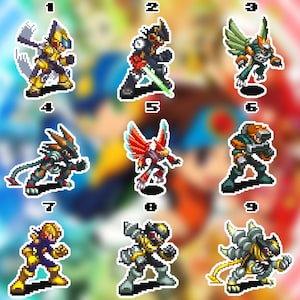 May include: A collection of nine pixel art stickers featuring various characters in dynamic poses. The characters are primarily robots or cyborgs, with a range of colors including yellow, black, red, and green. Each sticker has a white border.