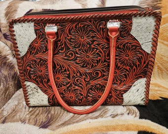 Red Tooled Leather Tote | Floral Western Cowhide Hair-On Handbag