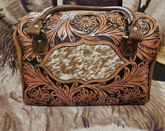 Tooled Leather Cowhide Speedy Bag | Floral Western Hair-On Hide Purse