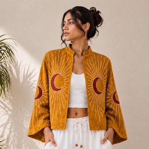 Moonburst Embroidered Velvet Jacket, Handmade Boho Moon Jacket, Celestial Embroidery Coat, Kimono Sleeve Jacket, Gift for Her