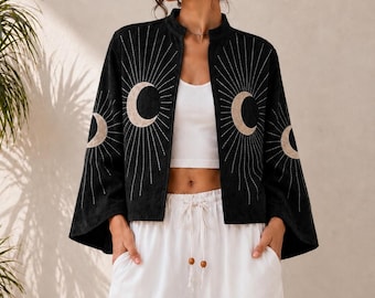 Moonburst Embroidered Jacket | Handmade Black Boho Kimono | White Moon Embroidery | Celestial Artisan Jacket | Moon jacket | vintage jacket.