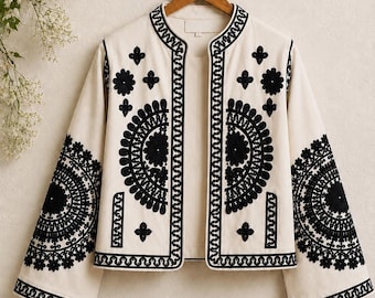 Handmade Cotton Embroidered Jacket for Women | Boho Artisan Cotton Jacket | Black & White Statement Jacket | Women jacket |Gift for her