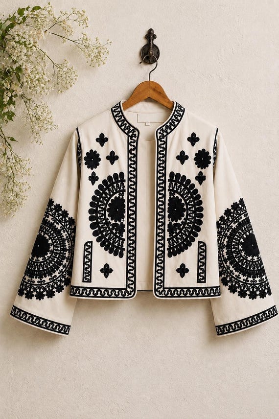 Handmade Cotton Embroidered Jacket for Women | Boho Artisan Cotton Jacket | Black & White Statement Jacket | Women jacket |Gift for her