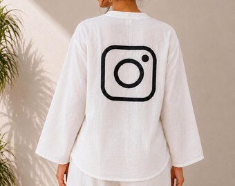 Handmade White Linen Embroidered Shirt | Black Embroidered Instagram Logo | Boho V Neck Tunic | Minimalist Women’s Linen Top