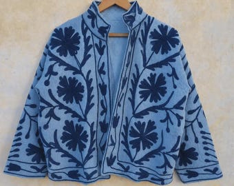 Luxury Handmade Suzani Embroidered Jacket for Women | Blue Floral Boho Jacket | Artisan Ethnic Coat | Unique Festival & Casual Wear
