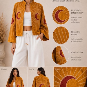 May include: A mustard yellow jacket featuring red crescent moon embroidery with white sunburst rays. The jacket has a mandarin collar, wide sleeves, and an open front. Text on the image includes MOONBURST EMBROIDERED JACKET and descriptive labels.