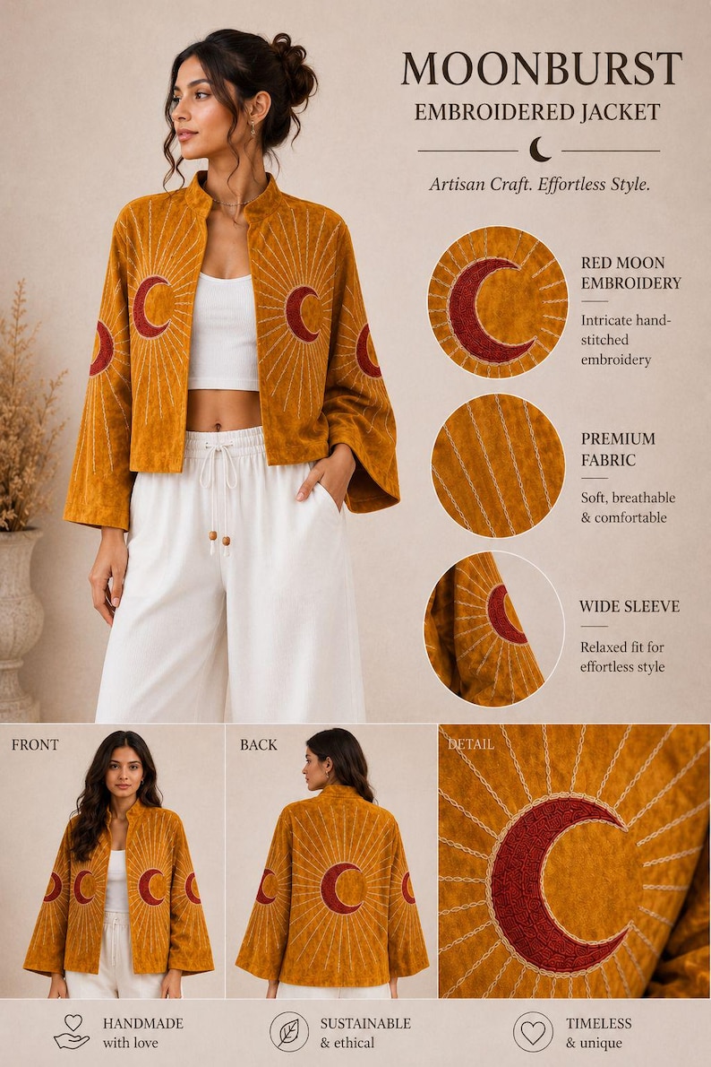 May include: A mustard yellow jacket featuring red crescent moon embroidery with white sunburst rays. The jacket has a mandarin collar, wide sleeves, and an open front. Text on the image includes MOONBURST EMBROIDERED JACKET and descriptive labels.
