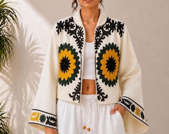 Embroidered Cotton Jacket for Women, Boho Floral Summer Jacket, Handmade Gift for Her, Unique New Design,