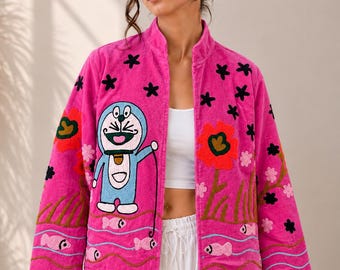 Pink Velvet Embroidered Doraemon Jacket | Handcrafted Floral Embroidery | Cute Japanese Inspired Statement Jacket | Unique Gift for Her