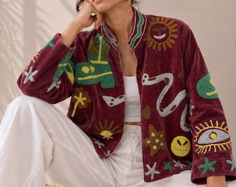 Hand Embroidered Burgundy Velvet Jacket | Boho Art Jacket | Handmade Statement Jacket | Unisex Embroidered Coat | Snake jacket.