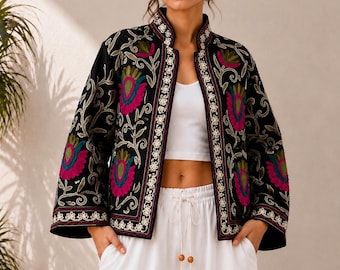 Black Embroidered TNT Cotton Jacket, Handmade Floral Boho Jacket, Colorful Ethnic Statement Jacket, Festival Summer Layer, Gift for her.
