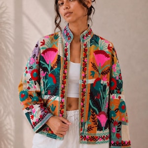 Colorful Embroidered Jacket for Women, Handmade Floral Patchwork Jacket, Boho Statement Jacket, Unique Artwear, Festival Gift
