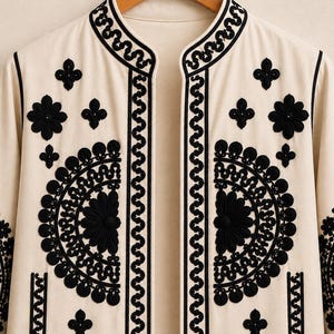 May include: An off-white jacket featuring black embroidery in intricate circular and floral patterns. The garment has a mandarin collar, long sleeves, and a front opening, with black decorative trim lining the edges and the central placket.
